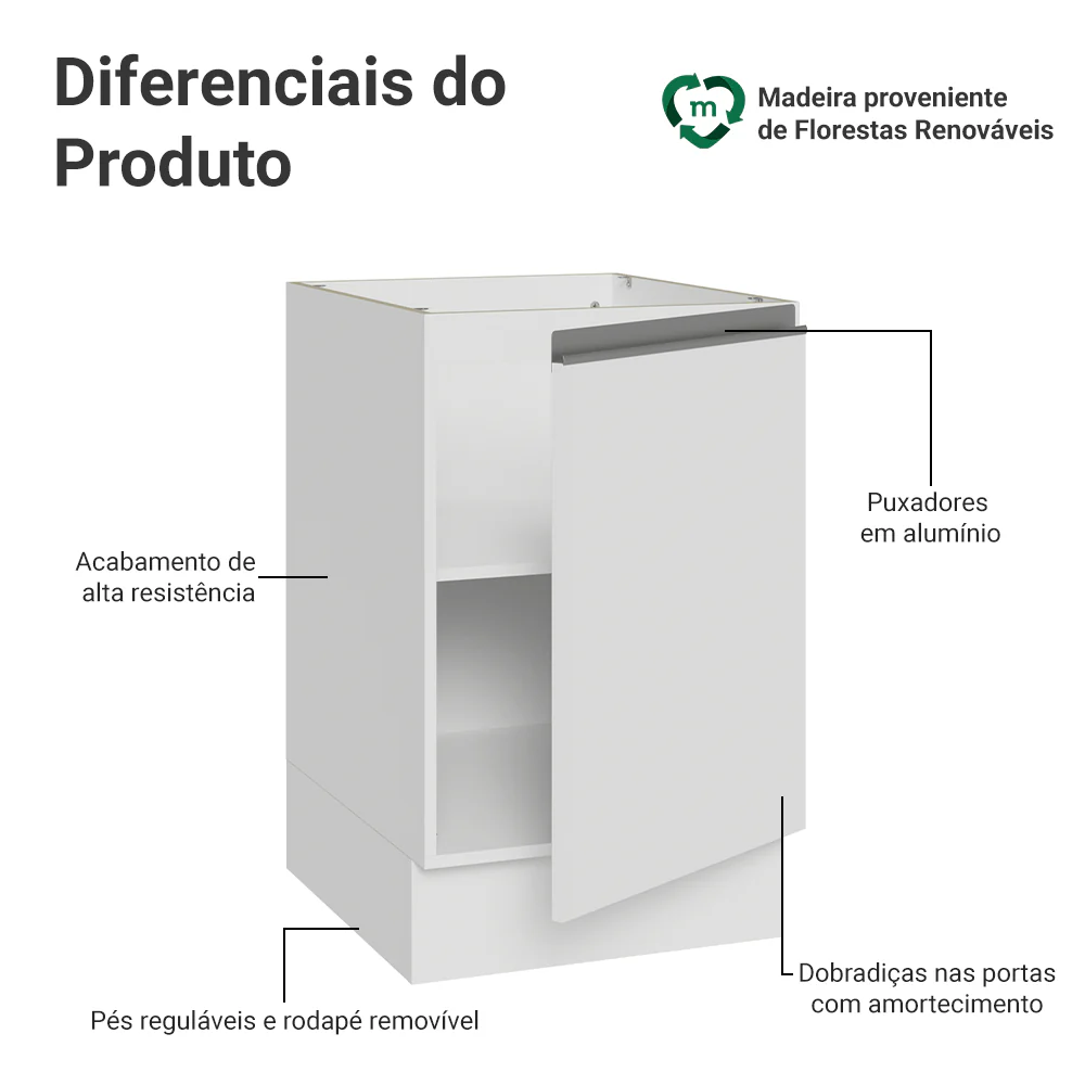 Balcão de Cozinha 50 x 60cm 1 Porta (Sem Tampo) Branco Glamy Madesa - Image 3