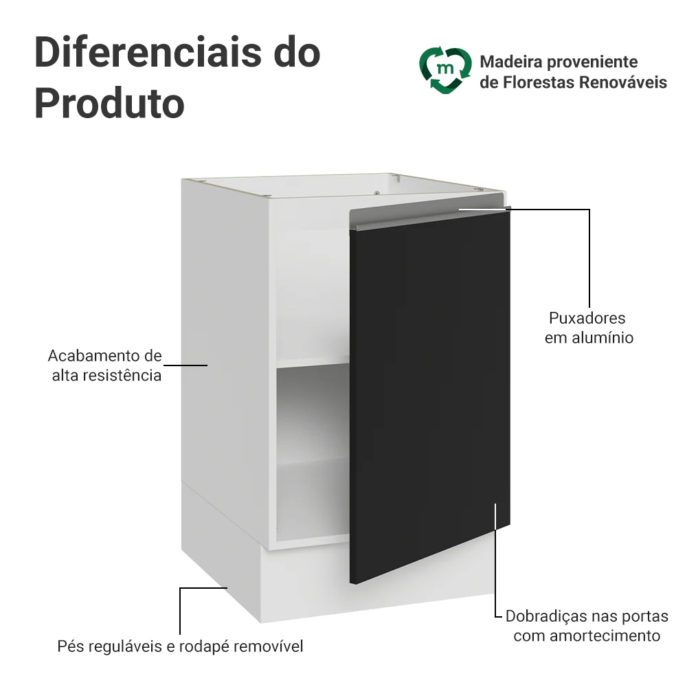 Balcão de Cozinha 50 x 60cm 1 Porta (Sem Tampo) Branco/Preto Glamy Madesa - Image 3