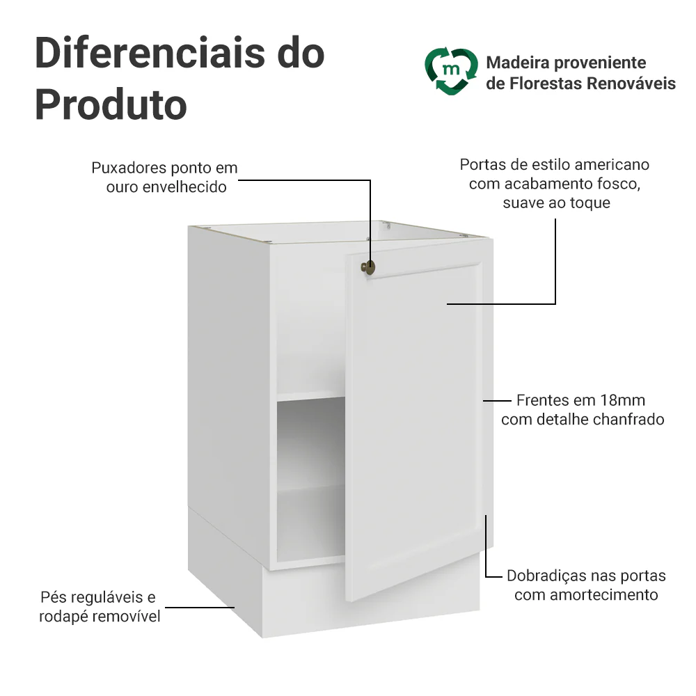 Balcão de Cozinha 50 x 60cm 1 Porta (Sem Tampo) Branco Vik Madesa - Image 3