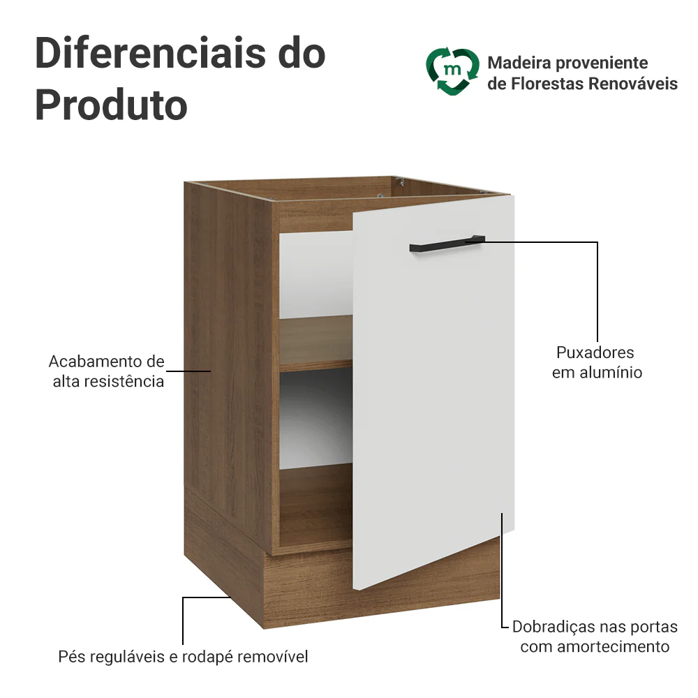 Balcão de Cozinha 50 x 60cm 1 Porta (Sem Tampo) Rustic/Branco Agata Madesa - Image 3