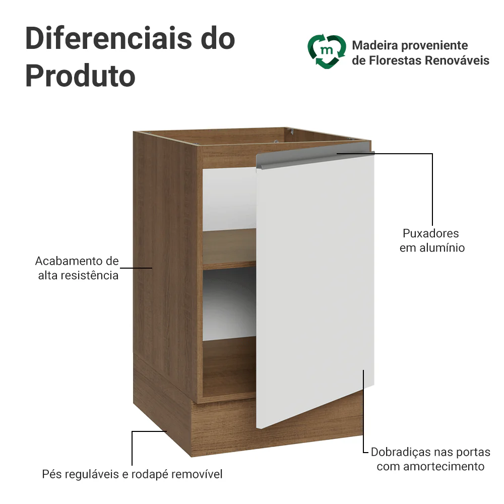 Balcão de Cozinha 50 x 60cm 1 Porta (Sem Tampo) Rustic/Branco Glamy Madesa - Image 3