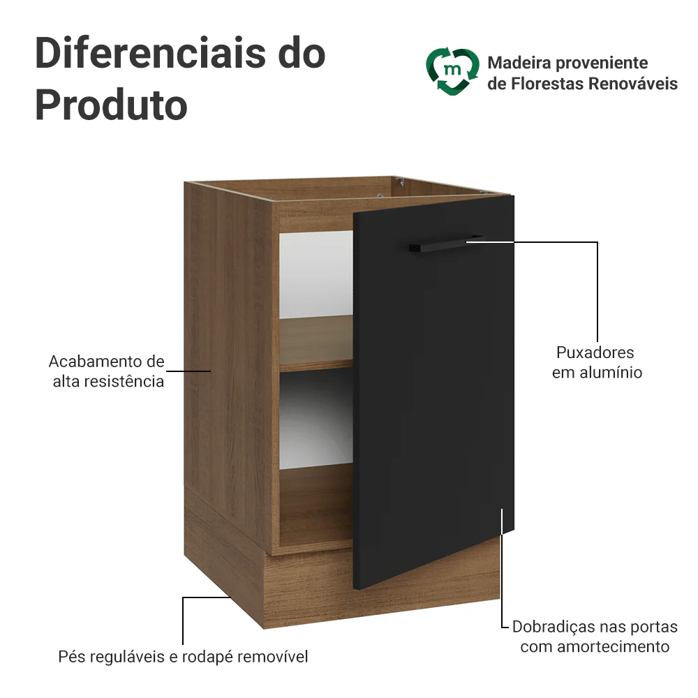 Balcão de Cozinha 50 x 60cm 1 Porta (Sem Tampo) Rustic/Preto Agata Madesa - Image 3