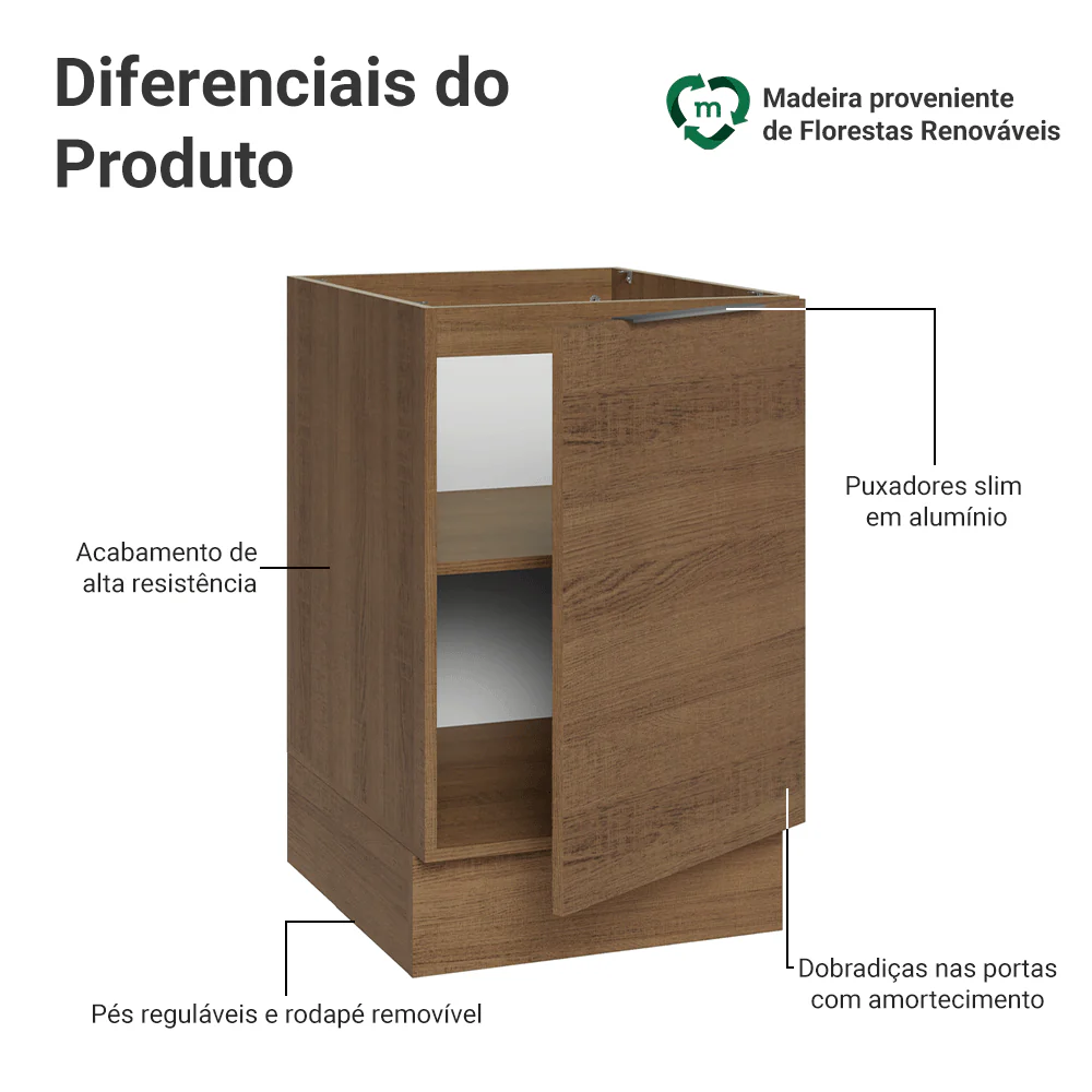 Balcão de Cozinha 50 x 60cm 1 Porta (Sem Tampo) Rustic Stella Madesa - Image 3