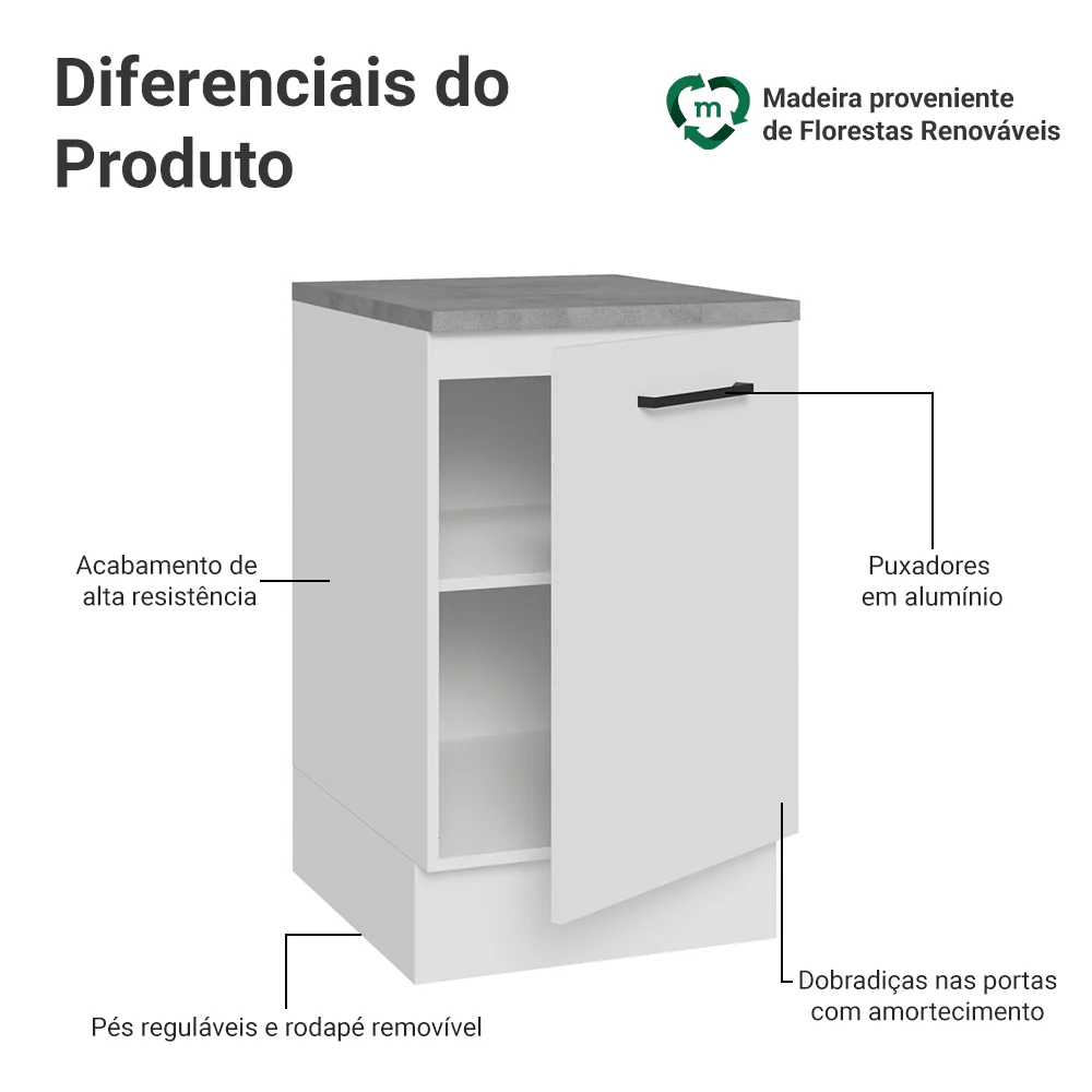 Balcão de Cozinha 50cm 1 Porta Branco Agata Madesa - Image 3