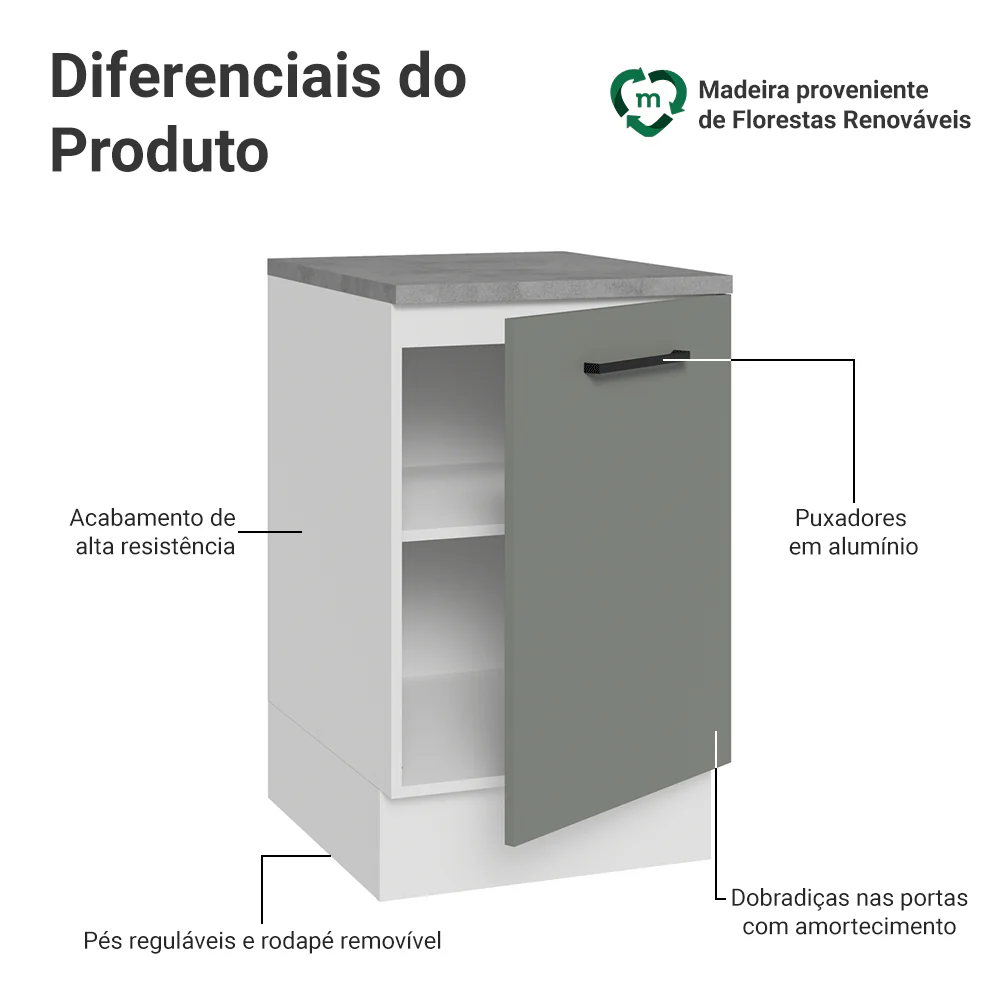 Balcão de Cozinha 50cm 1 Porta Branco/Cinza Agata Madesa - Image 3