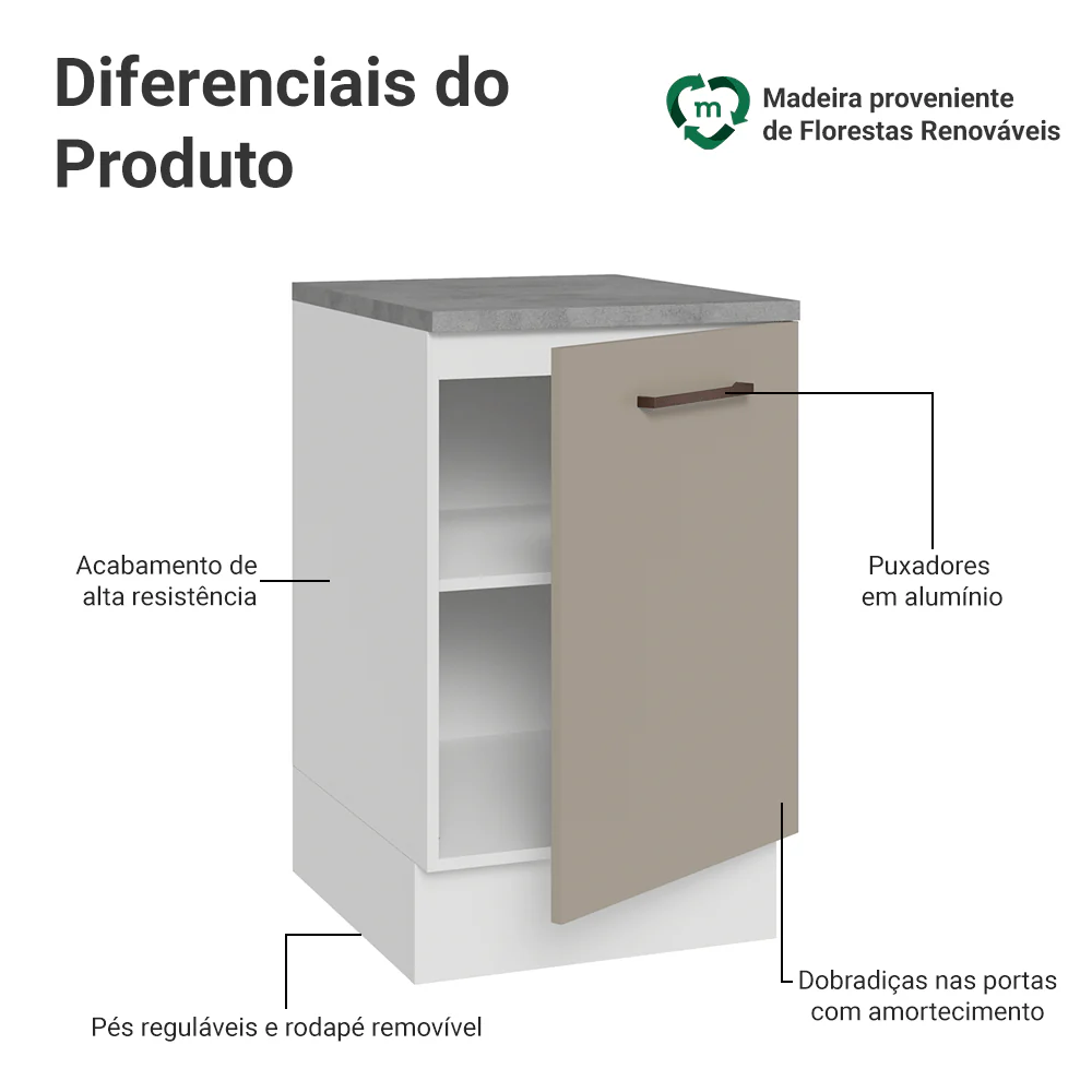 Balcão de Cozinha 50cm 1 Porta Branco/Crema Agata Madesa - Image 3