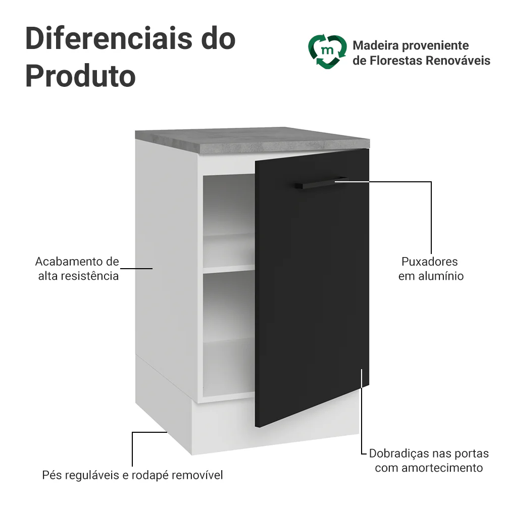 Balcão de Cozinha 50cm 1 Porta Branco/Preto Agata Madesa - Image 3
