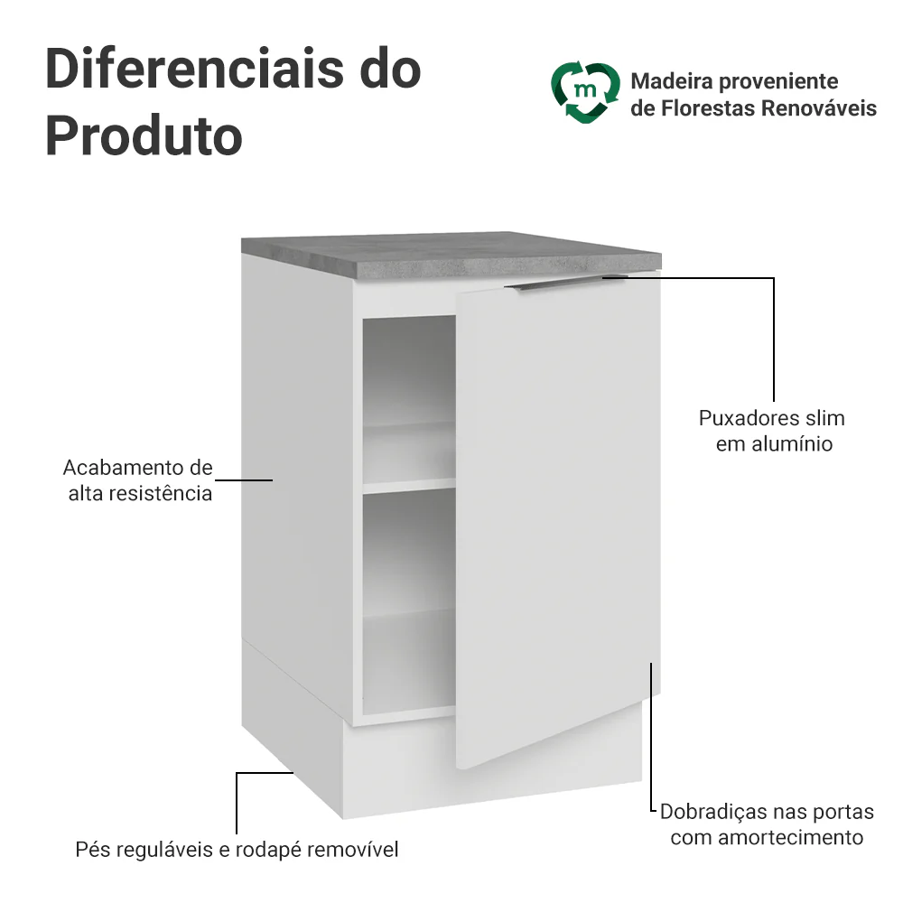 Balcão de Cozinha 50cm 1 Porta Branco Stella Madesa - Image 3