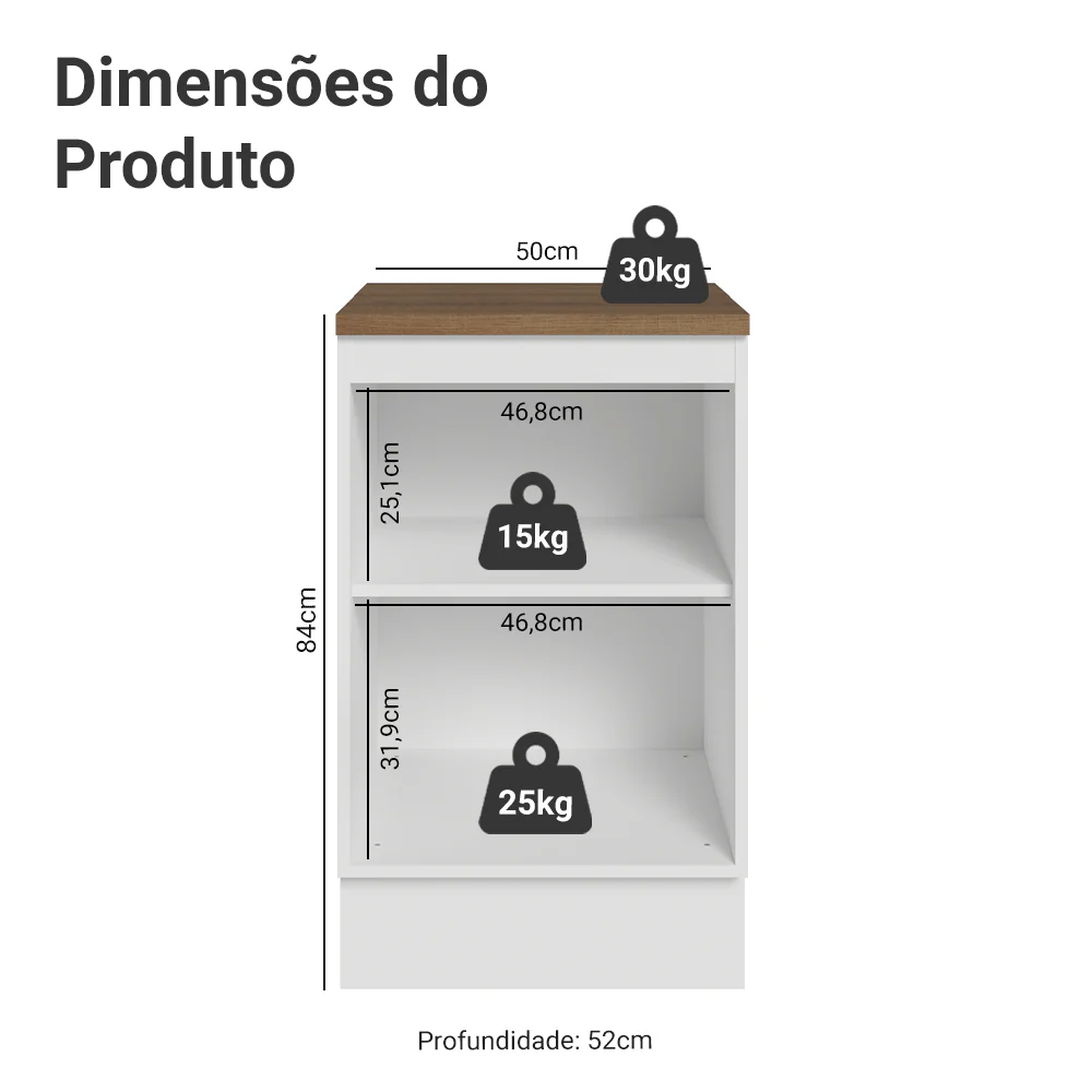 Balcão de Cozinha 50cm 1 Porta Branco Tampo Rustic Glamy Madesa - Image 2