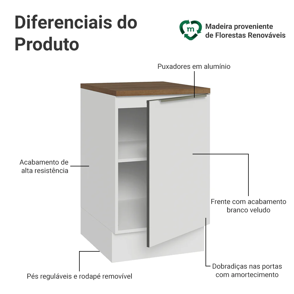 Balcão de Cozinha 50 x 60 cm 1 Porta Branco Tampo Rustic Lux Madesa - Image 3