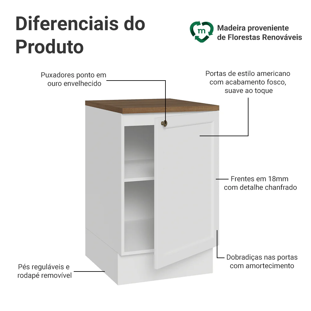 Balcão de Cozinha 50cm 1 Porta Branco Tampo Rustic Vik Madesa - Image 3