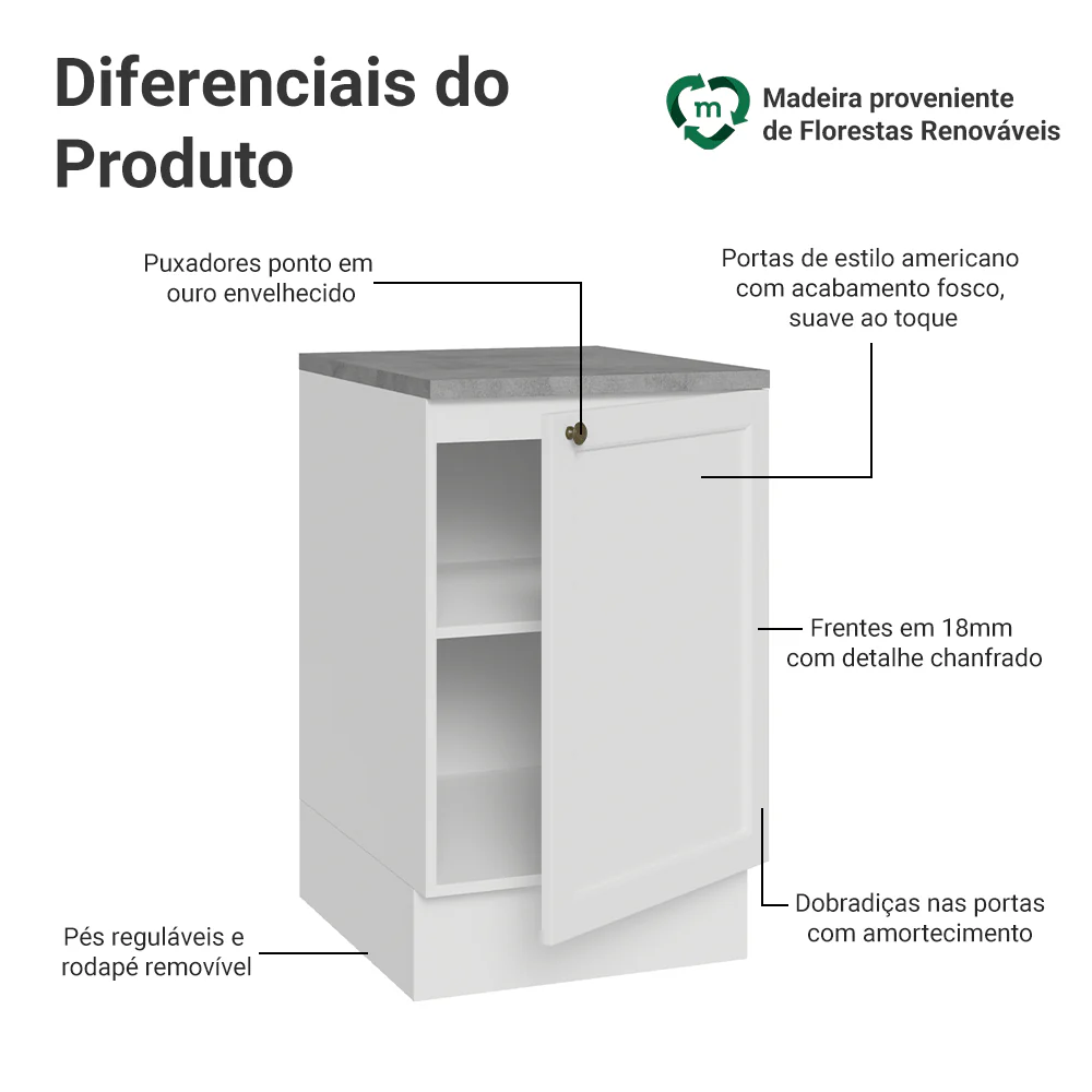 Balcão de Cozinha 50cm 1 Porta Branco Vik Madesa - Image 3