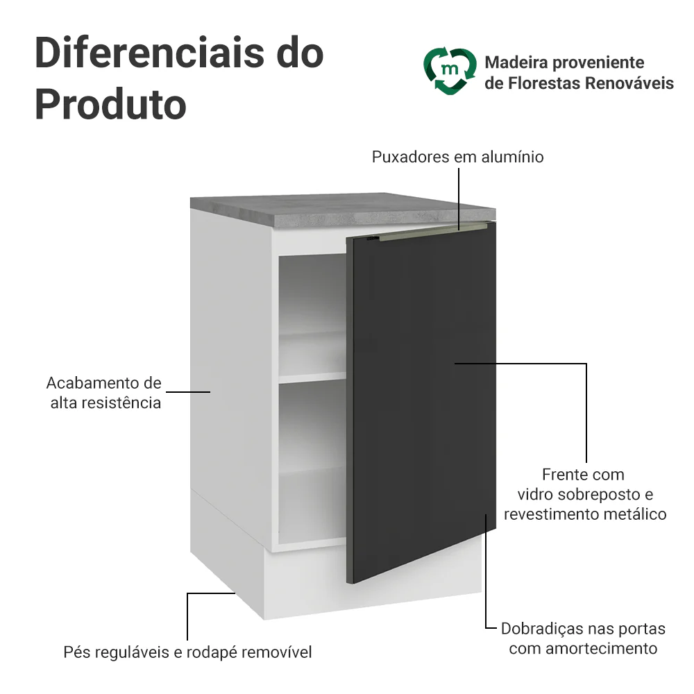 Balcão de Cozinha 50 x 60 cm 1 Porta (Com Tampo) Branco/Preto Lux Madesa - Image 3