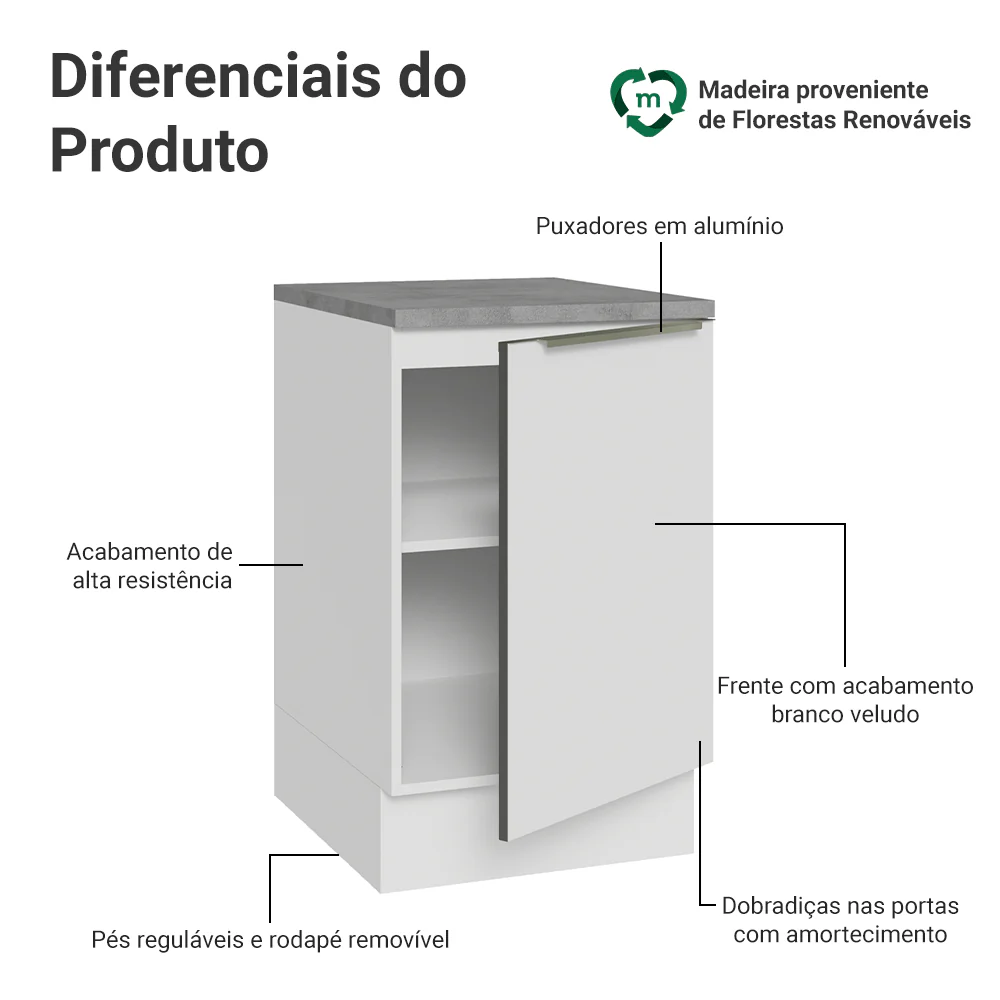 Balcão de Cozinha 50 x 60 cm 1 Porta (Com Tampo) Branco Veludo Lux Madesa - Image 3