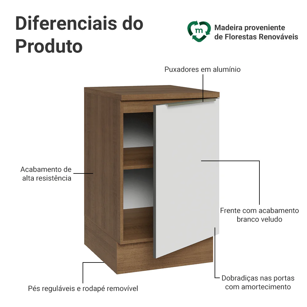 Balcão de Cozinha 50 x 60 cm 1 Porta (Com Tampo) Rustic/Branco Veludo Lux Madesa - Image 3