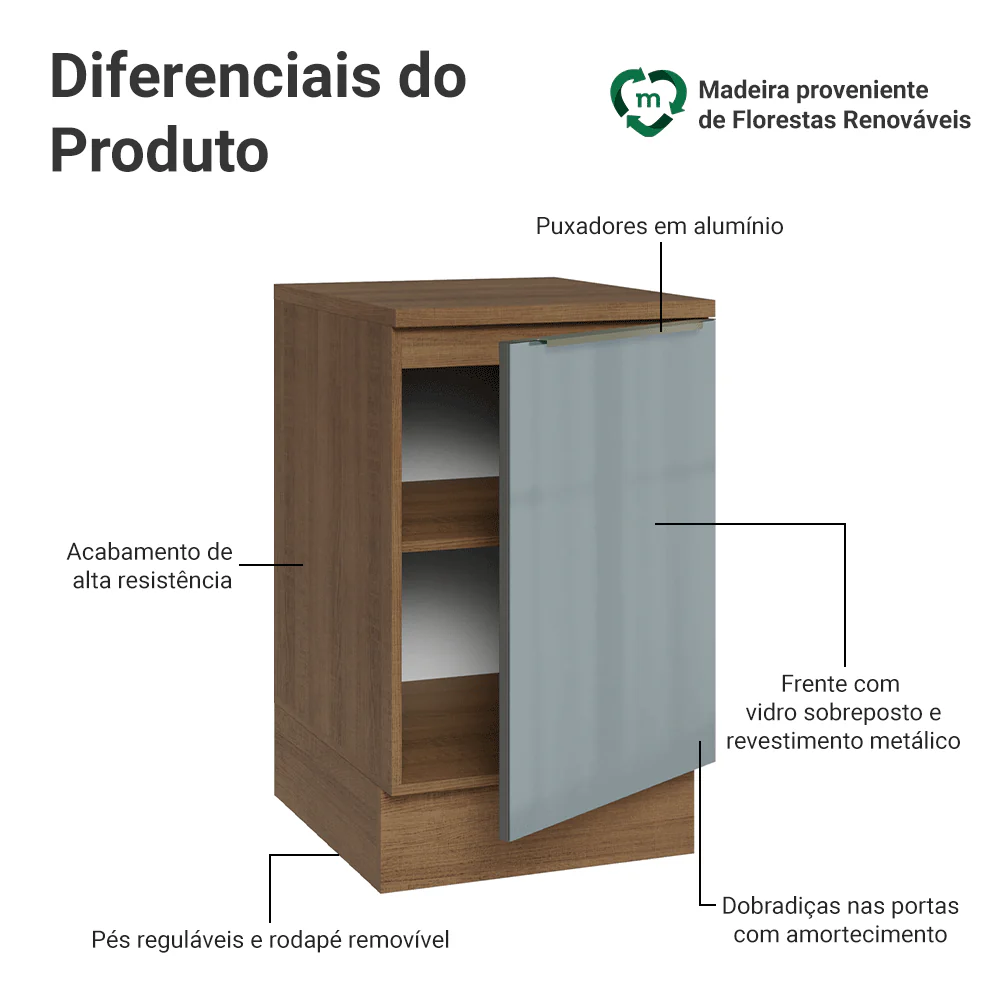 Balcão de Cozinha 50 x 60 cm 1 Porta (Com Tampo) Rustic/Cinza Lux Madesa - Image 3