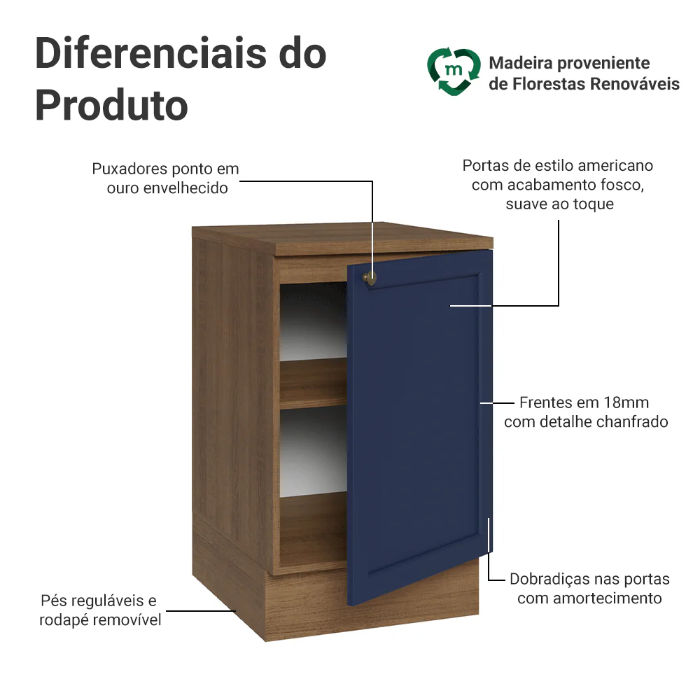 Balcão de Cozinha 50cm 1 Porta Rustic/Azul Vik Madesa - Image 3