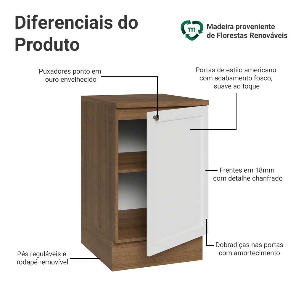 Balcão de Cozinha 50cm 1 Porta Rustic/Branco Vik Madesa - Image 3