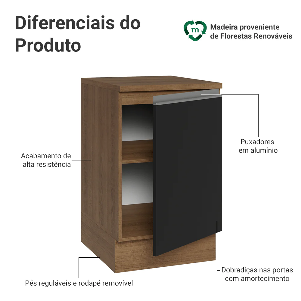 Balcão de Cozinha 50cm 1 Porta Rustic/Preto Glamy Madesa - Image 3