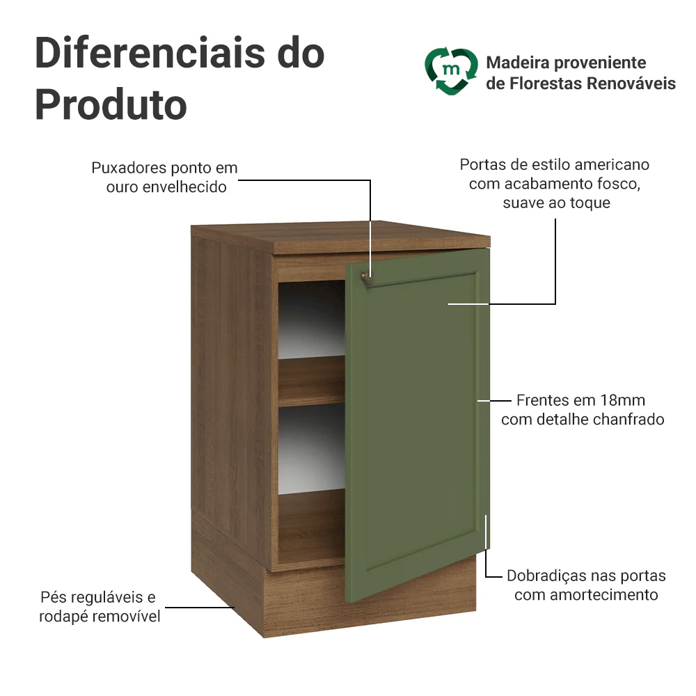 Balcão de Cozinha 50cm 1 Porta Rustic/Verde Vik Madesa - Image 3