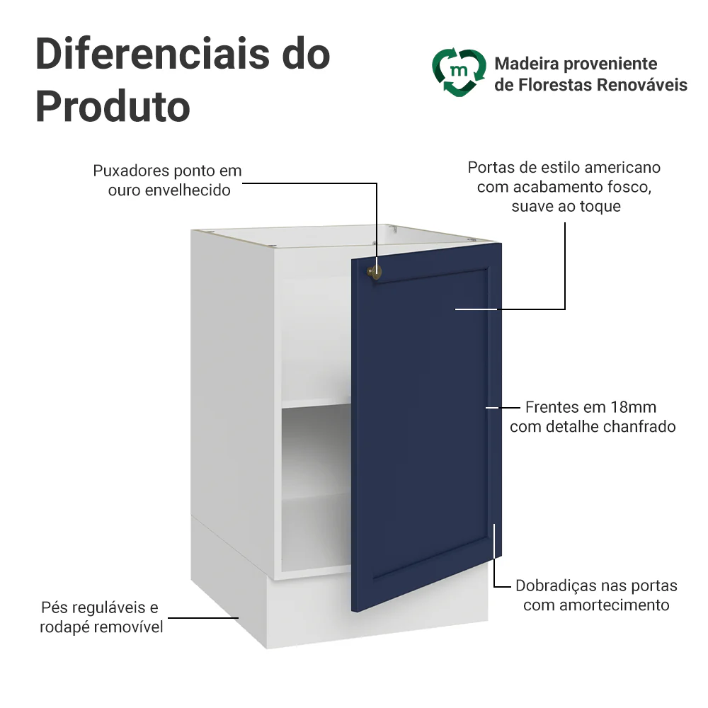 Balcão de Cozinha 50cm 1 Porta (Sem Tampo) Branco/Azul Vik Madesa - Image 3