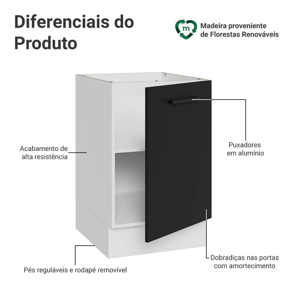 Balcão de Cozinha 50cm 1 Porta (Sem Tampo) Branco/Preto Agata Madesa - Image 3