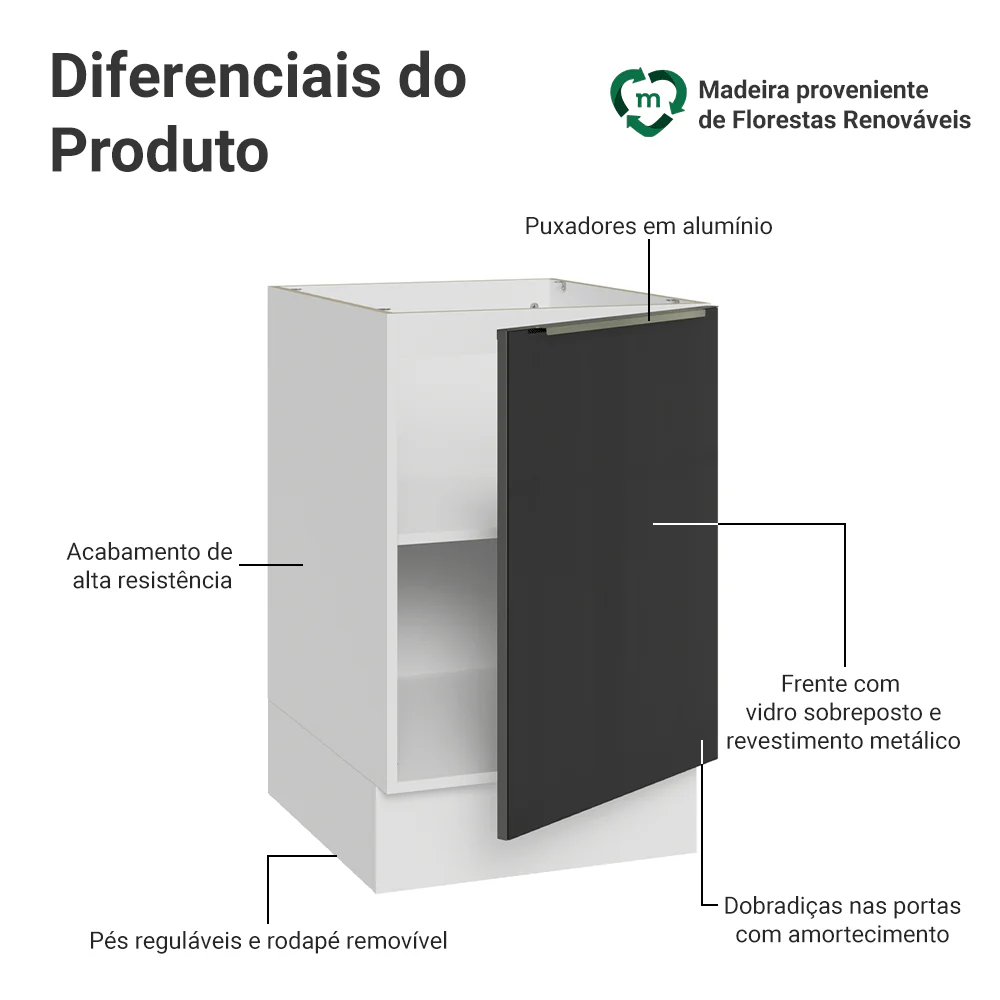 Balcão de Cozinha 50cm 1 Porta (Sem Tampo) Branco/Preto Lux Madesa - Image 3
