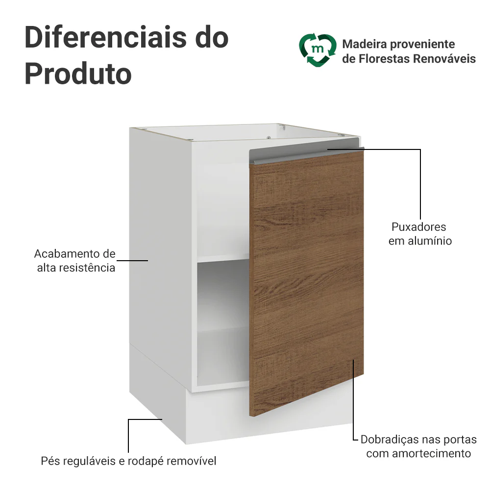 Balcão de Cozinha 50cm 1 Porta (Sem Tampo) Branco/Rustic Glamy Madesa - Image 3
