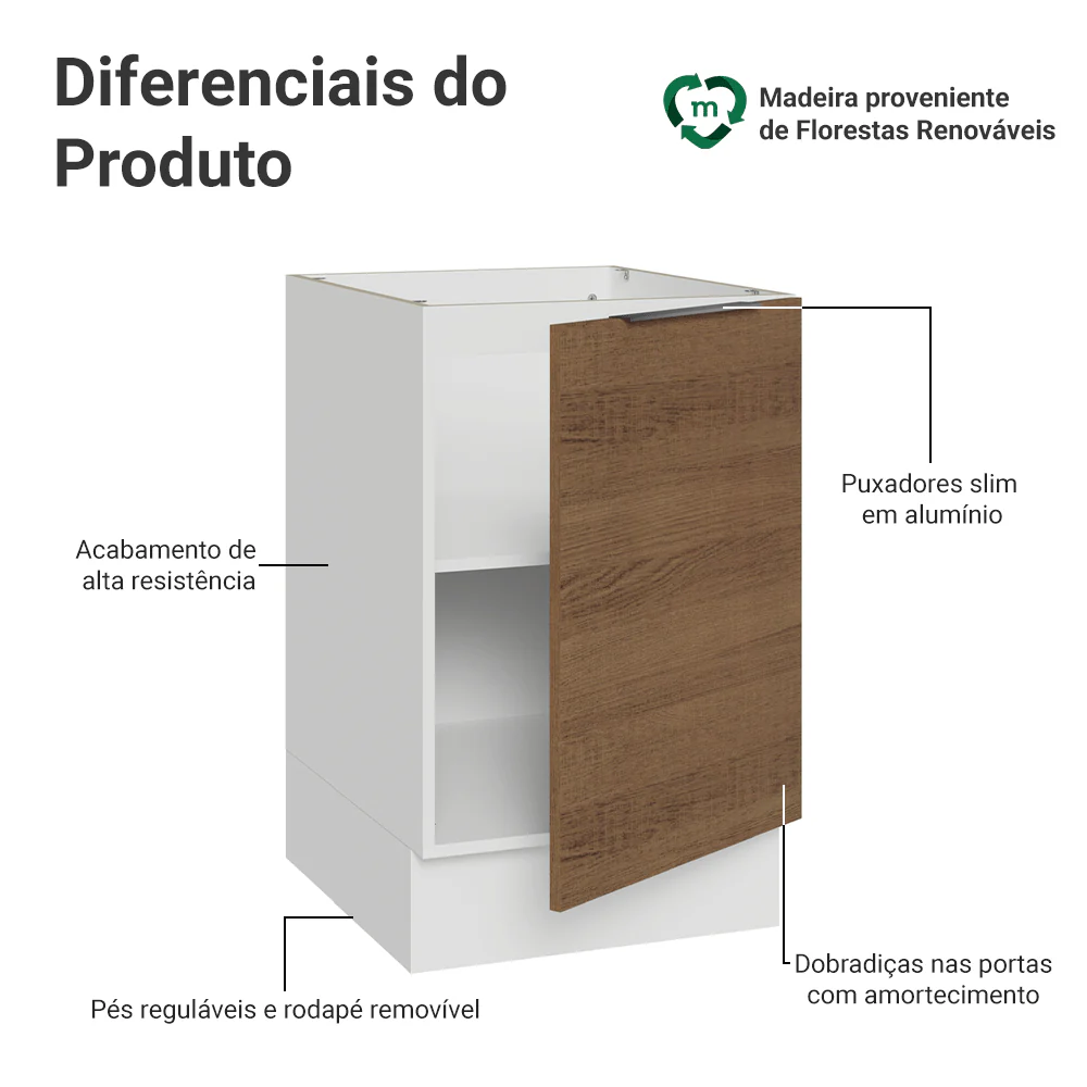 Balcão de Cozinha 50cm 1 Porta (Sem Tampo) Branco/Rustic Stella Madesa - Image 3