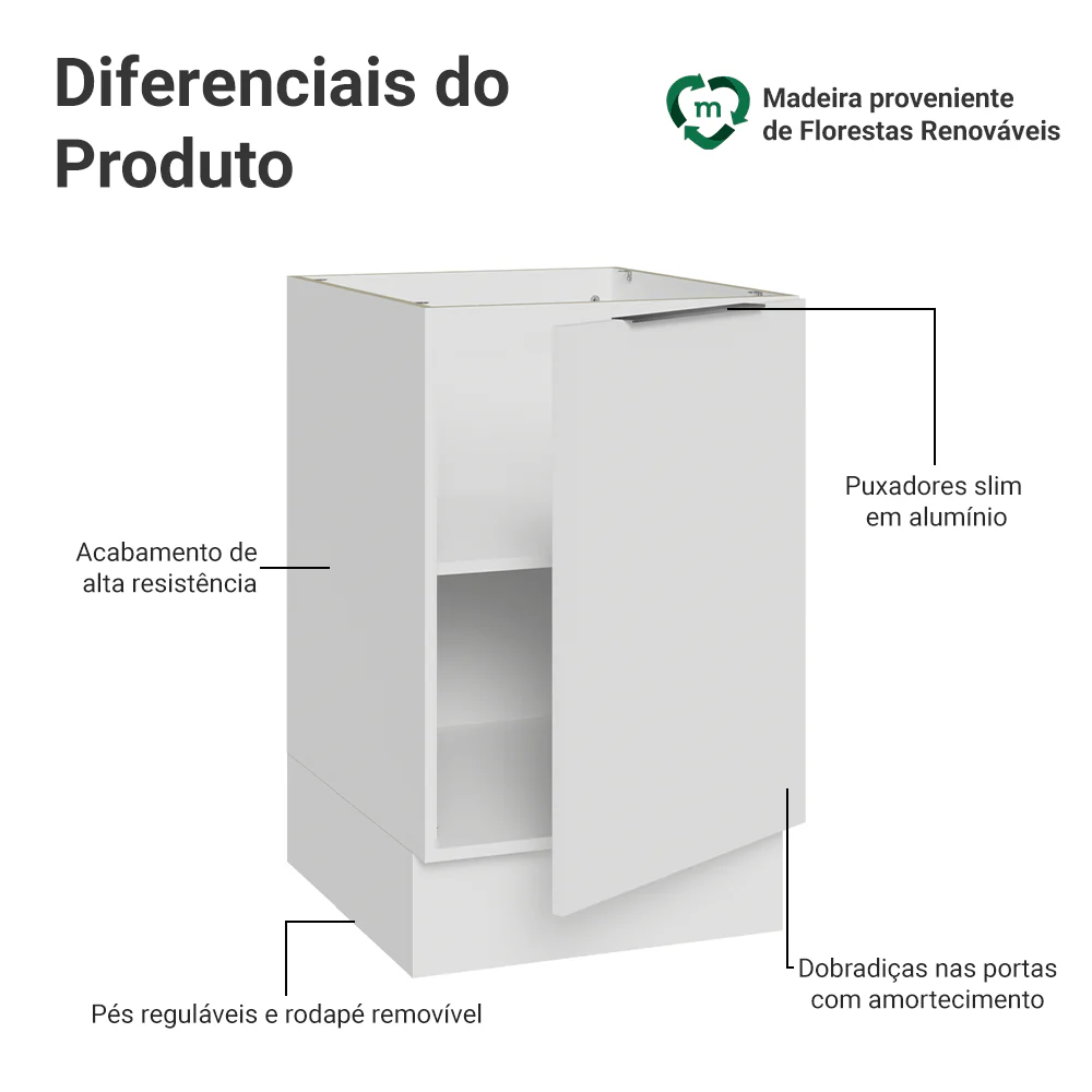 Balcão de Cozinha 50cm 1 Porta (Sem Tampo) Branco Stella Madesa - Image 3