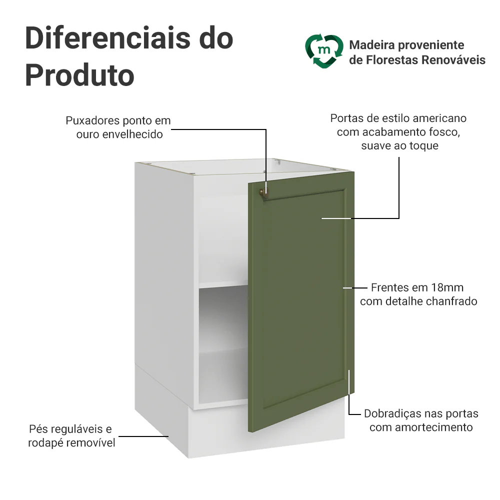 Balcão de Cozinha 50cm 1 Porta (Sem Tampo) Branco/Verde Vik Madesa - Image 3