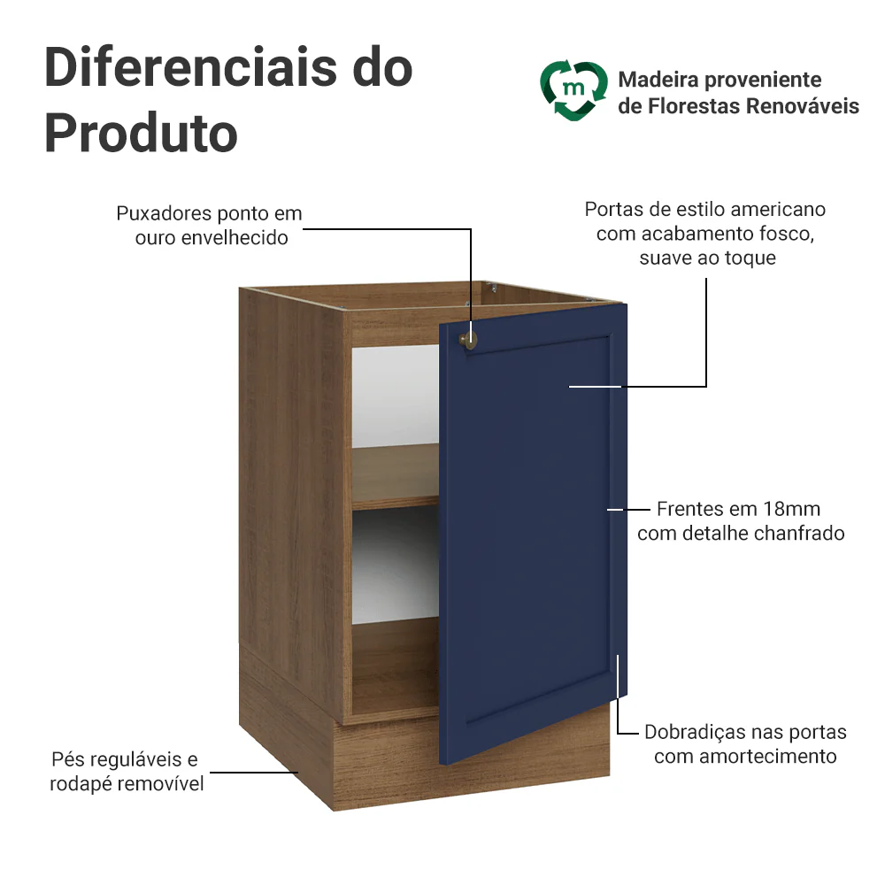 Balcão de Cozinha 50cm 1 Porta (Sem Tampo) Rustic/Azul Vik Madesa - Image 3
