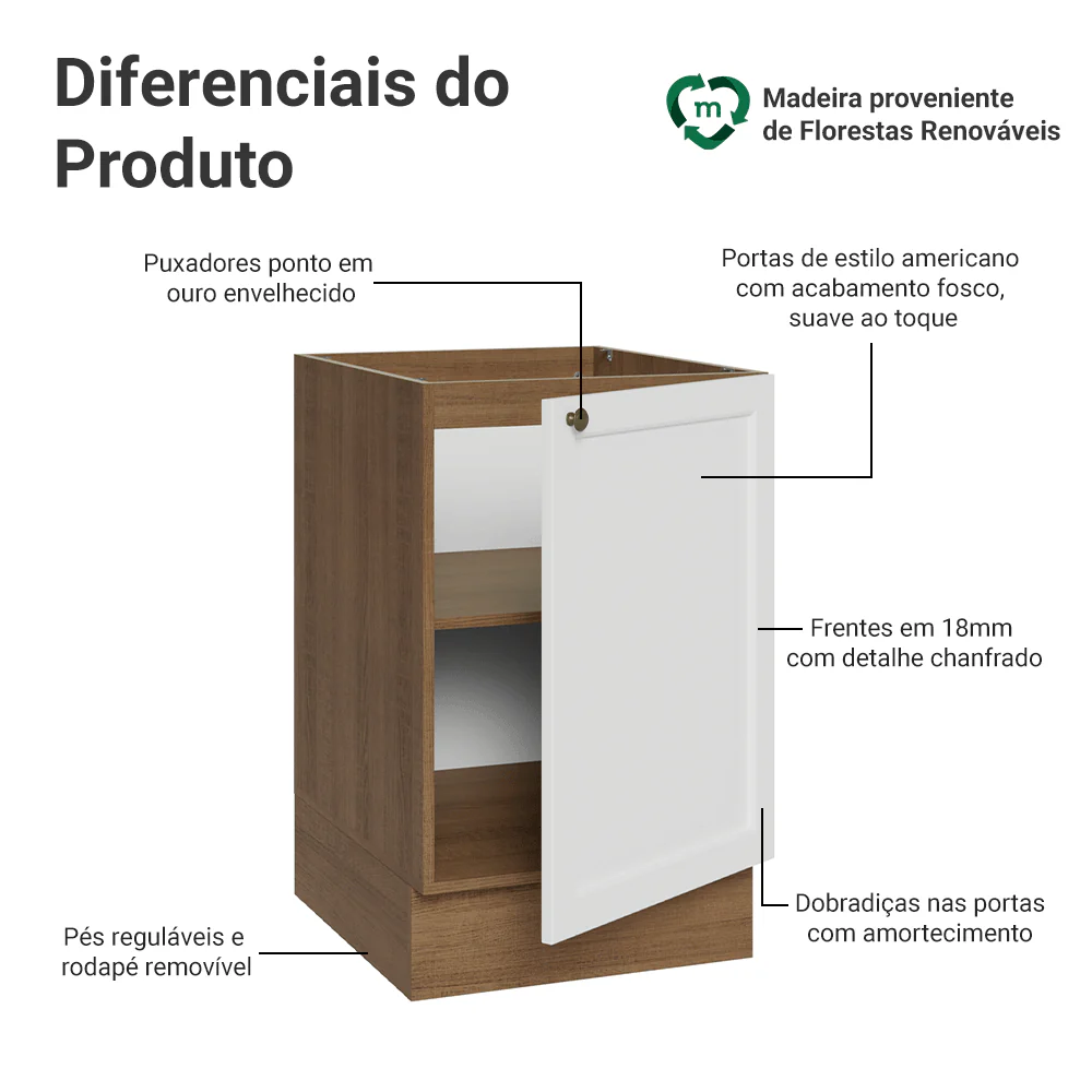 Balcão de Cozinha 50cm 1 Porta (Sem Tampo) Rustic/Branco Vik Madesa - Image 3