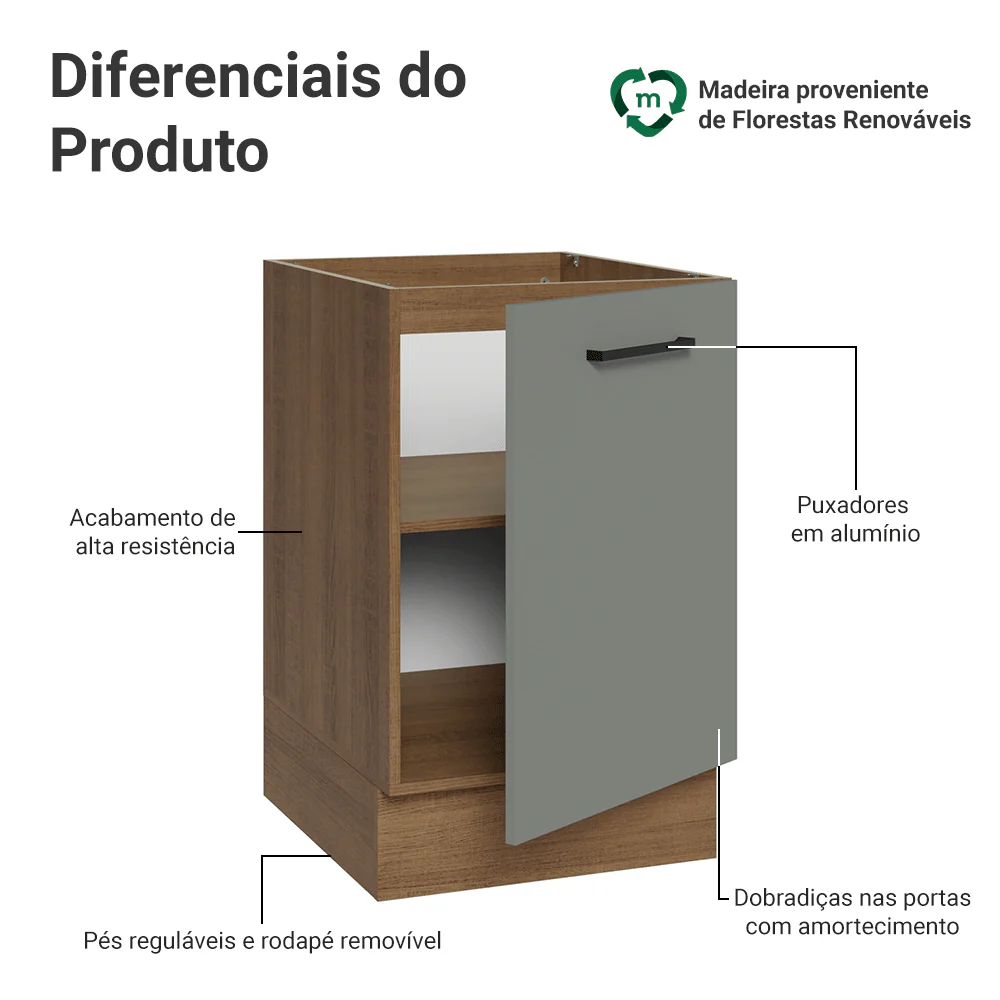Balcão de Cozinha 50cm 1 Porta (Sem Tampo) Rustic/Cinza Agata Madesa - Image 3