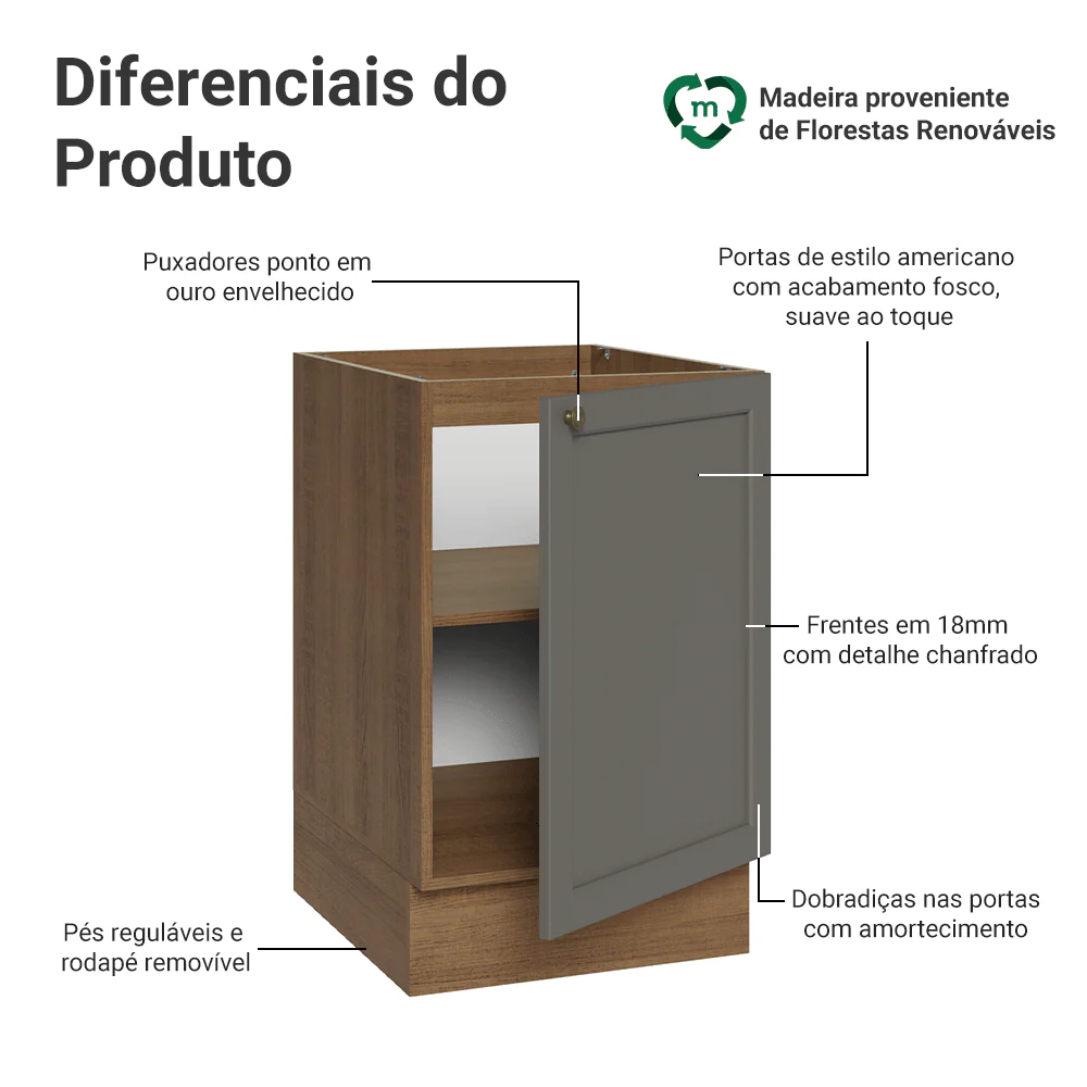 Balcão de Cozinha 50cm 1 Porta (Sem Tampo) Rustic/Cinza Vik Madesa - Image 3