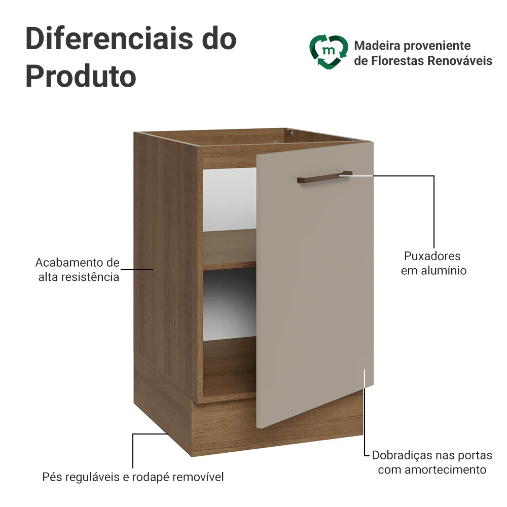 Balcão de Cozinha 50cm 1 Porta (Sem Tampo) Rustic/Crema Agata Madesa - Image 3