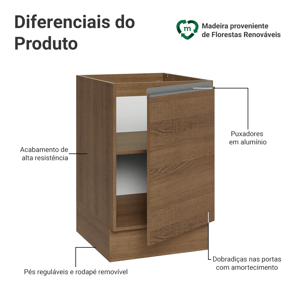 Balcão de Cozinha 50cm 1 Porta (Sem Tampo) Rustic Glamy Madesa - Image 3