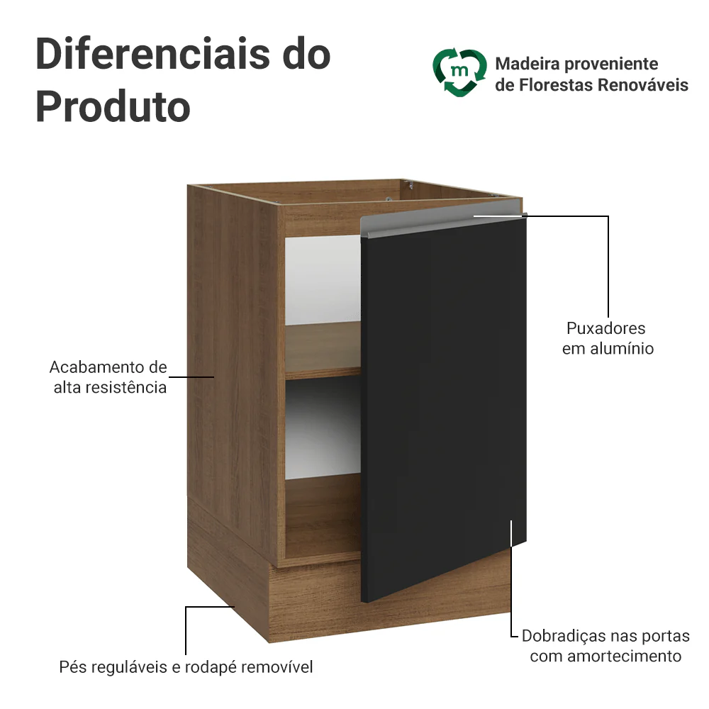 Balcão de Cozinha 50cm 1 Porta (Sem Tampo) Rustic/Preto Glamy Madesa - Image 3