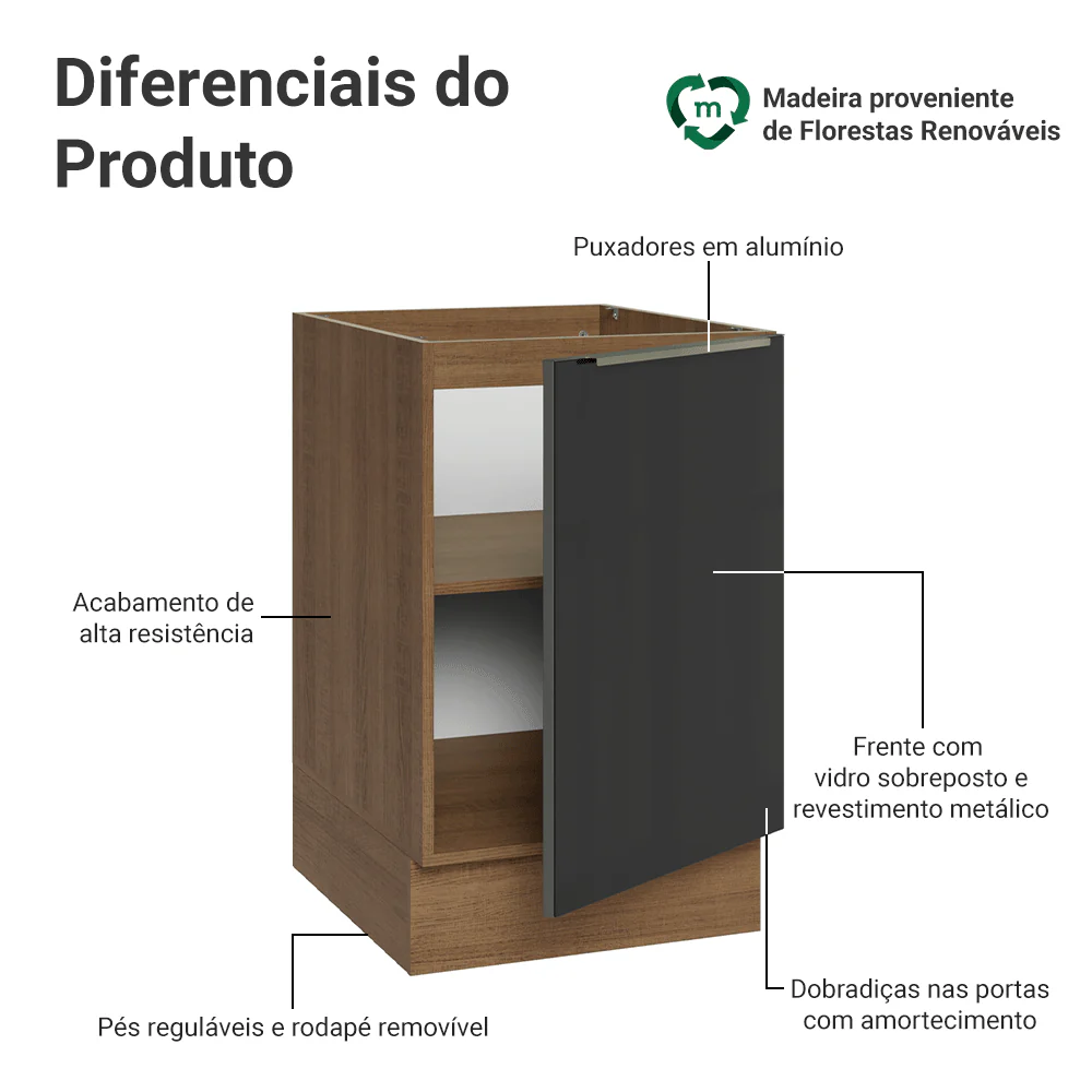 Balcão de Cozinha 50 x 60 cm 1 Porta (Sem Tampo) Rustic/Preto Lux Madesa - Image 3