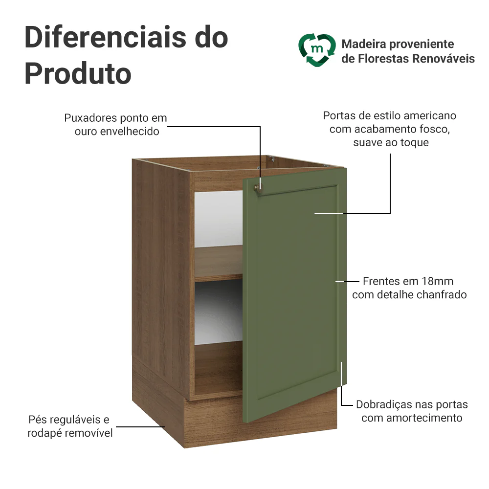 Balcão de Cozinha 50cm 1 Porta (Sem Tampo) Rustic/Verde Vik Madesa - Image 3