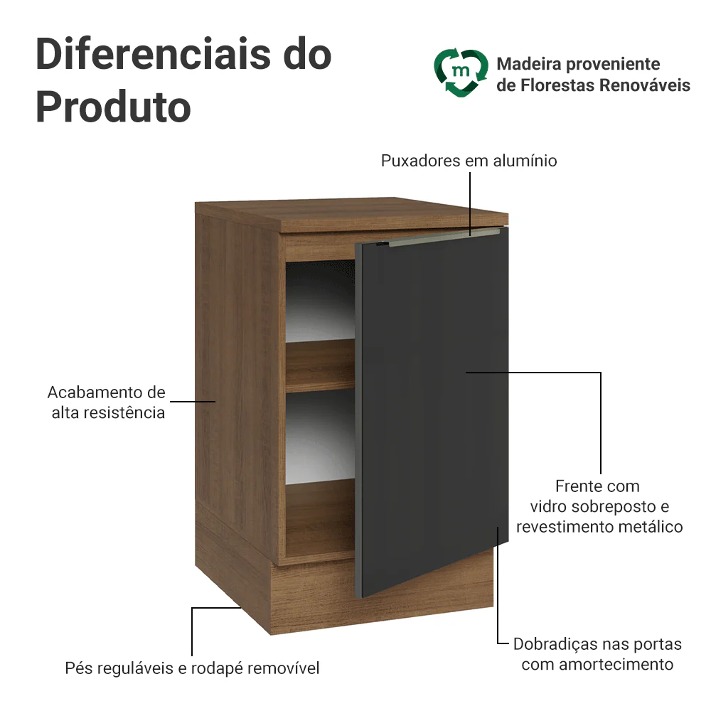 Balcão de Cozinha 50 x 60 cm 1 Porta (Com Tampo) Rustic/Preto Lux Madesa - Image 3