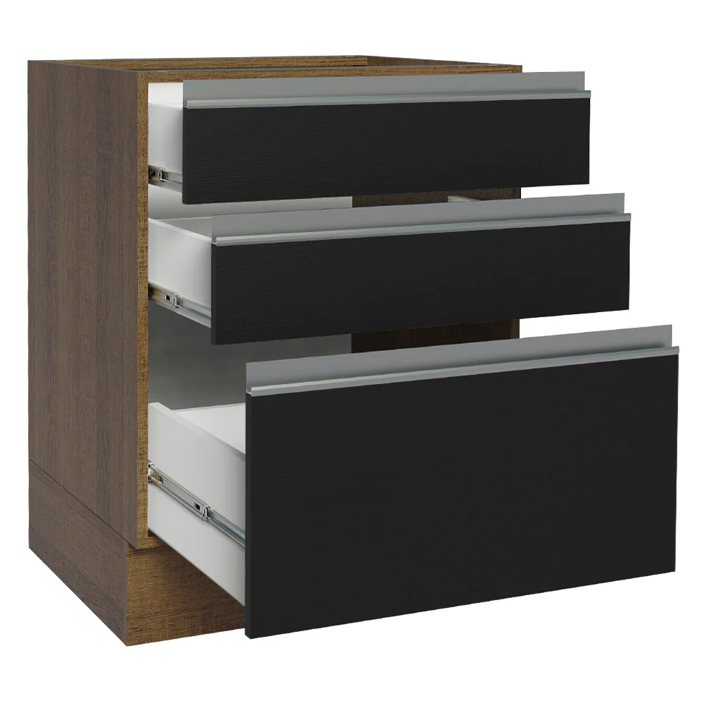Balcão Cozinha 60 x 60 cm 3 Gavetas (Sem Tampo) Rustic/Preto Glamy Madesa - Image 3