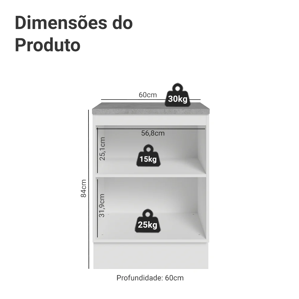 Balcão de Cozinha 60 x 60 cm 1 Porta (Com Tampo) Branco/Cinza Vik Madesa - Image 2
