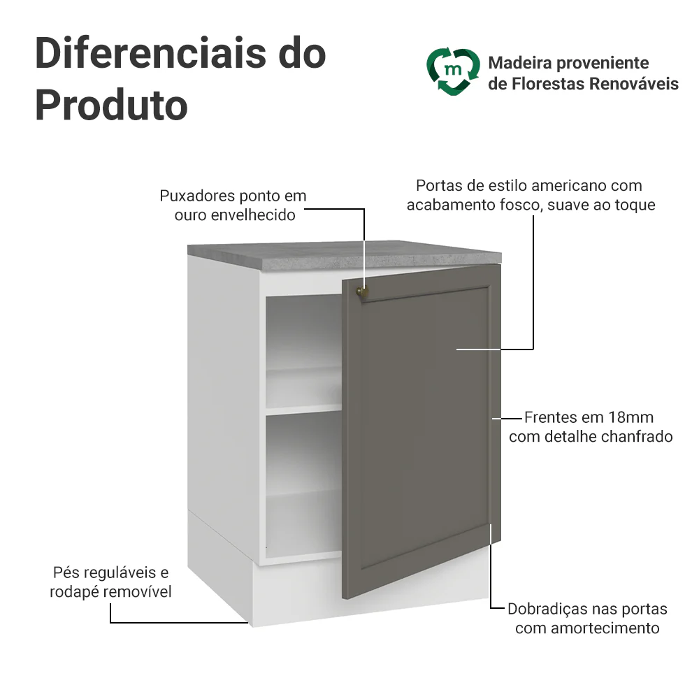 Balcão de Cozinha 60 x 60 cm 1 Porta (Com Tampo) Branco/Cinza Vik Madesa - Image 3