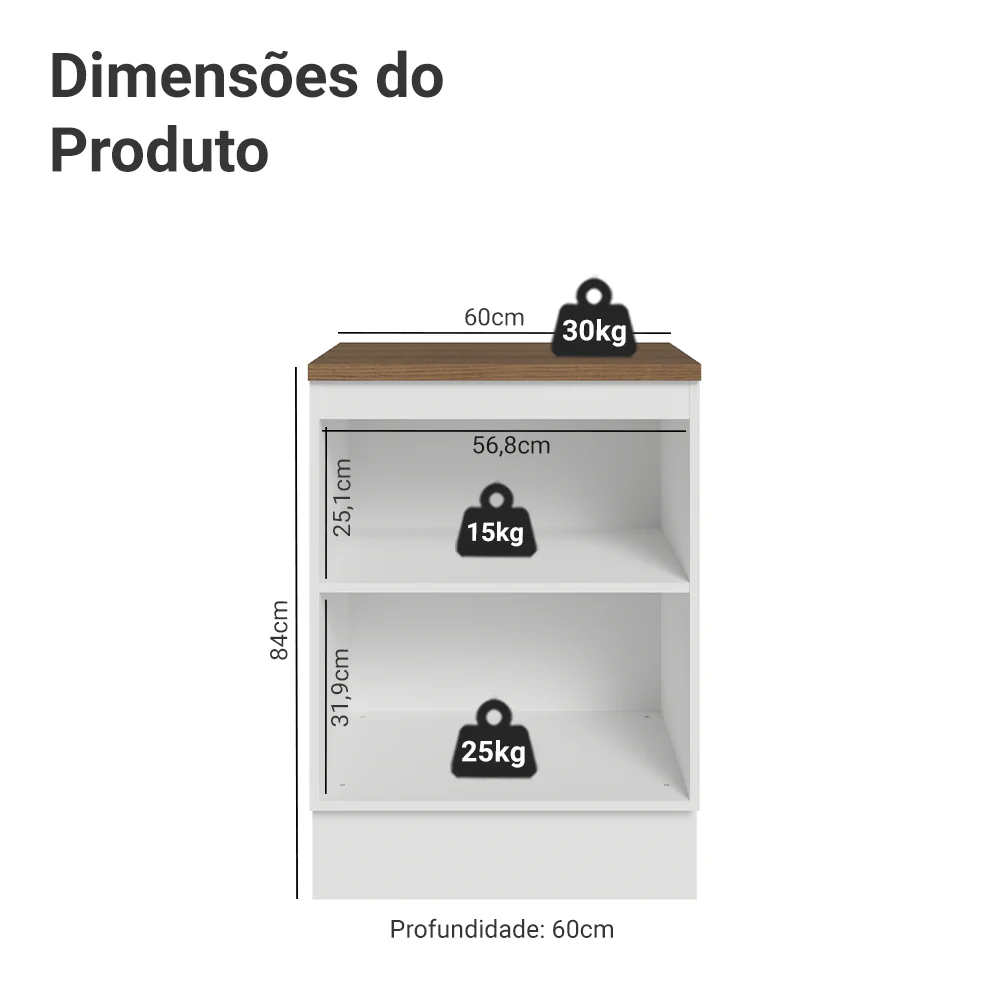 Balcão de Cozinha 60 x 60 cm 1 Porta (Com Tampo) Branco/Rustic Vik Madesa - Image 2