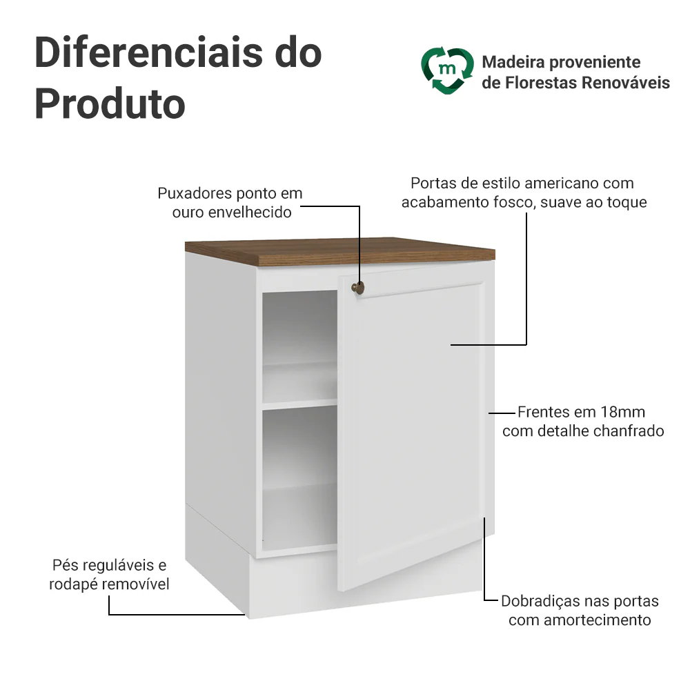Balcão de Cozinha 60 x 60 cm 1 Porta (Com Tampo) Branco/Rustic Vik Madesa - Image 3