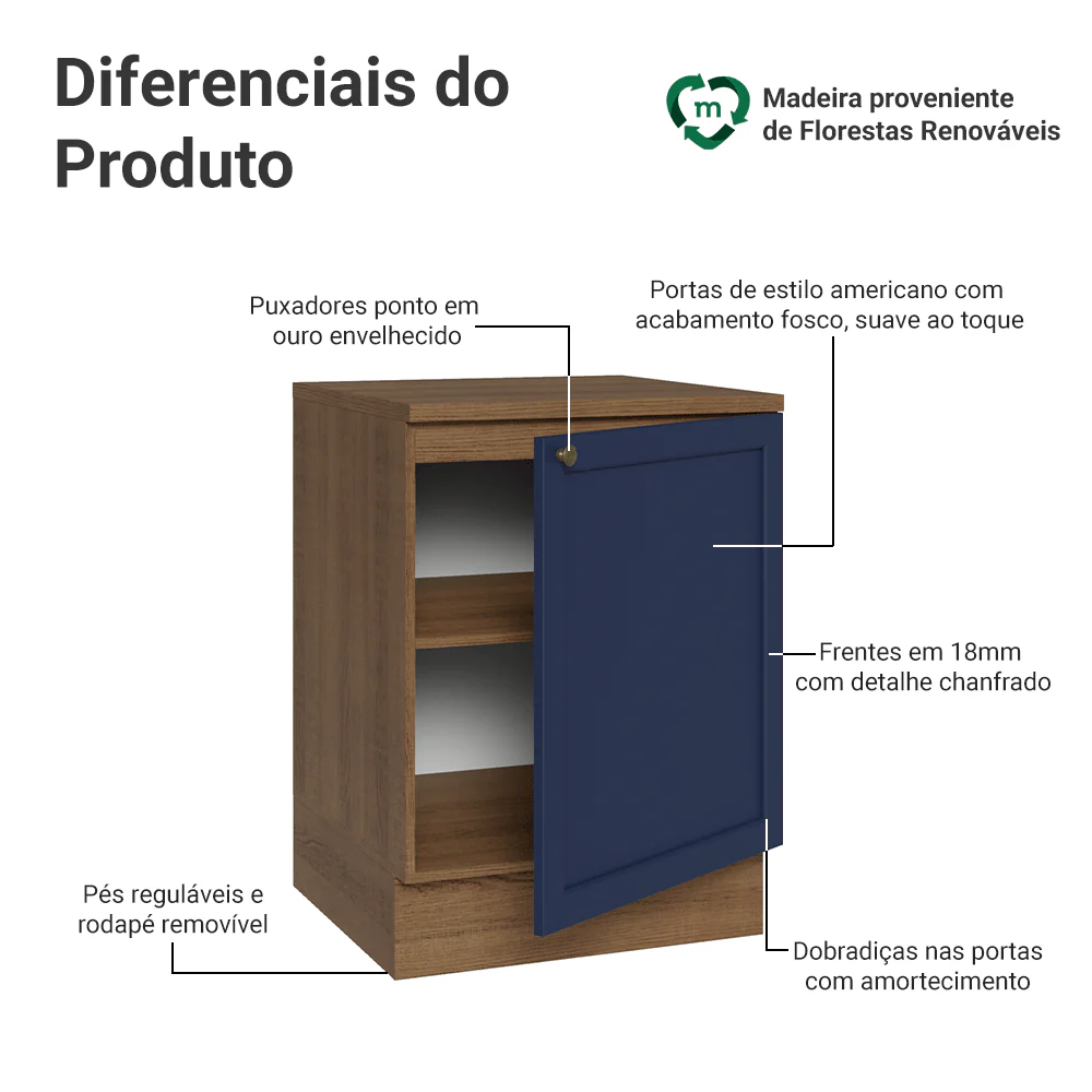 Balcão de Cozinha 60 x 60 cm 1 Porta (Com Tampo) Rustic/Azul Vik Madesa - Image 3