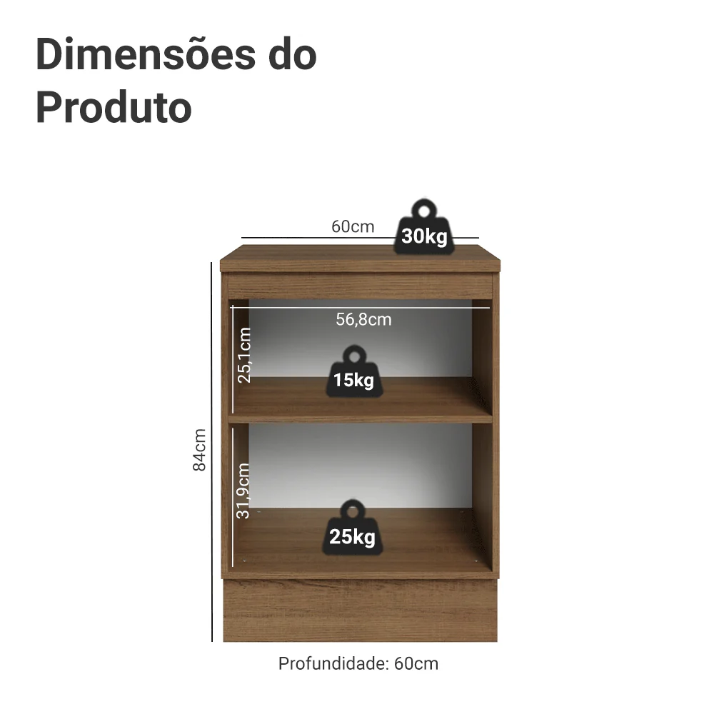 Balcão de Cozinha 60 x 60 cm 1 Porta (Com Tampo) Rustic/Cinza Vik Madesa - Image 2