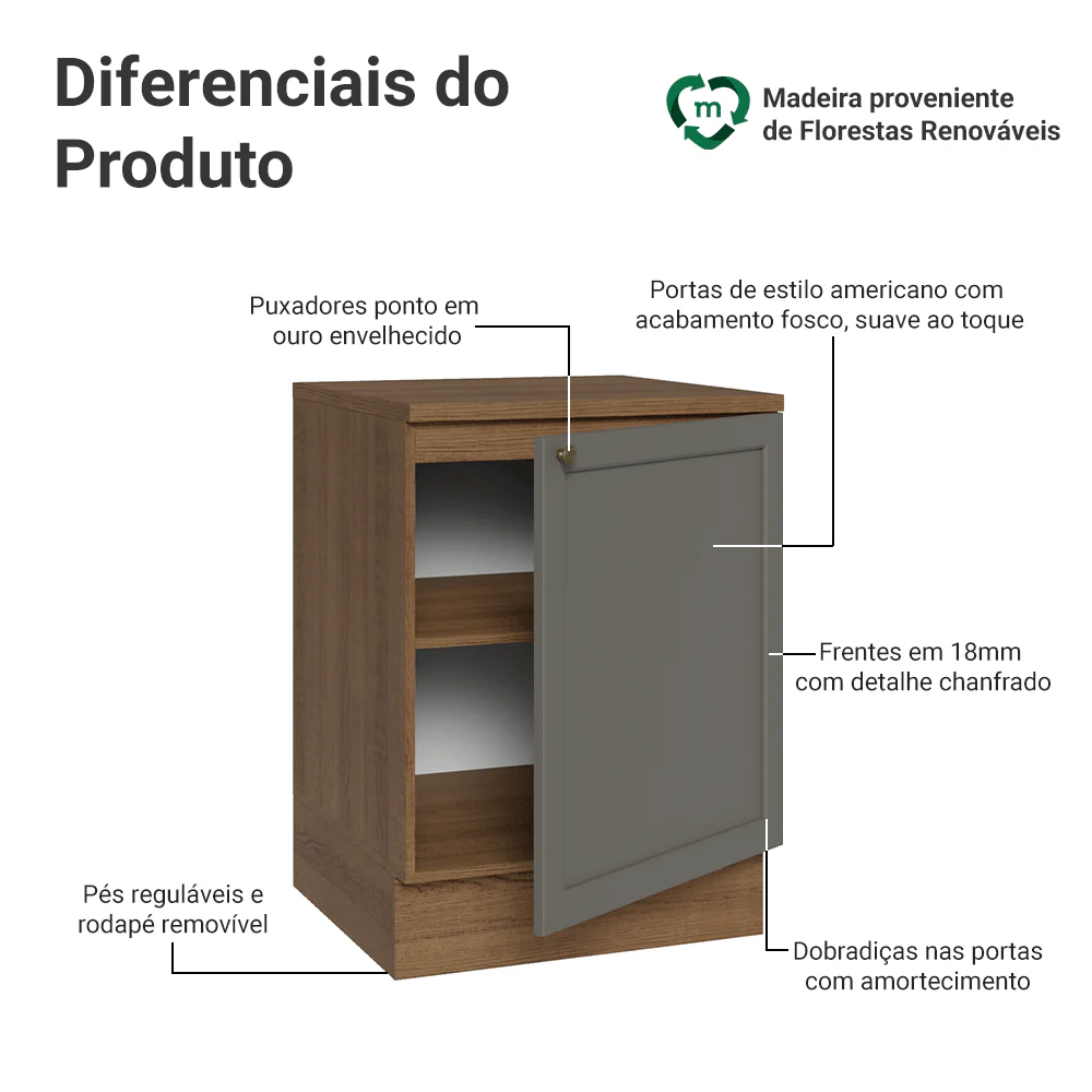 Balcão de Cozinha 60 x 60 cm 1 Porta (Com Tampo) Rustic/Cinza Vik Madesa - Image 3