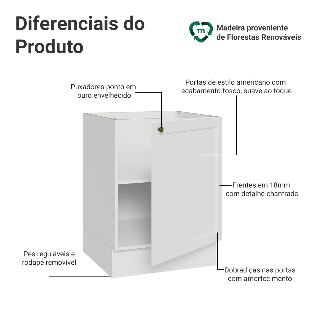 Balcão de Cozinha 60 x 60 cm 1 Porta (Sem Tampo) Branco Vik Madesa - Image 3